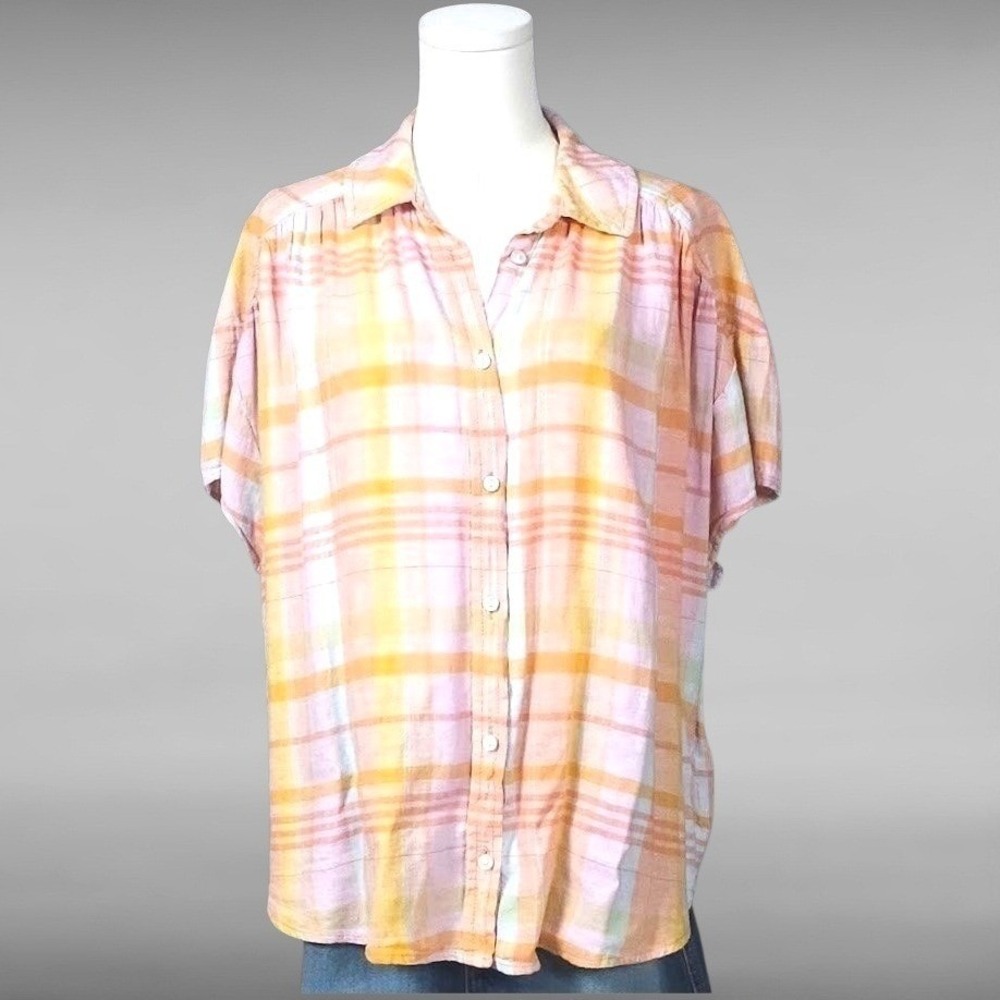 American Eagle Plaid Linen Blend Shirt Coastal Beachy Preppy Pink Orange Medium